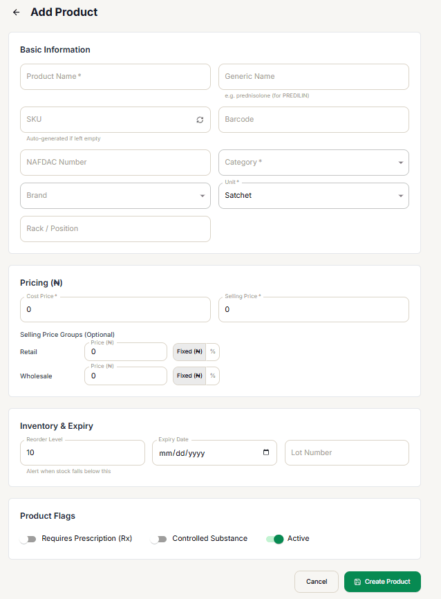 Add Product form with Basic Information, Pricing, Inventory & Expiry, and Product Flags sections