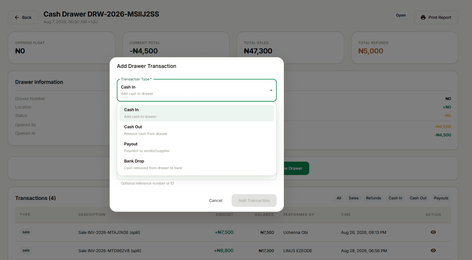 Add Drawer Transaction dialog with the Transaction Type dropdown open, showing all 4 types