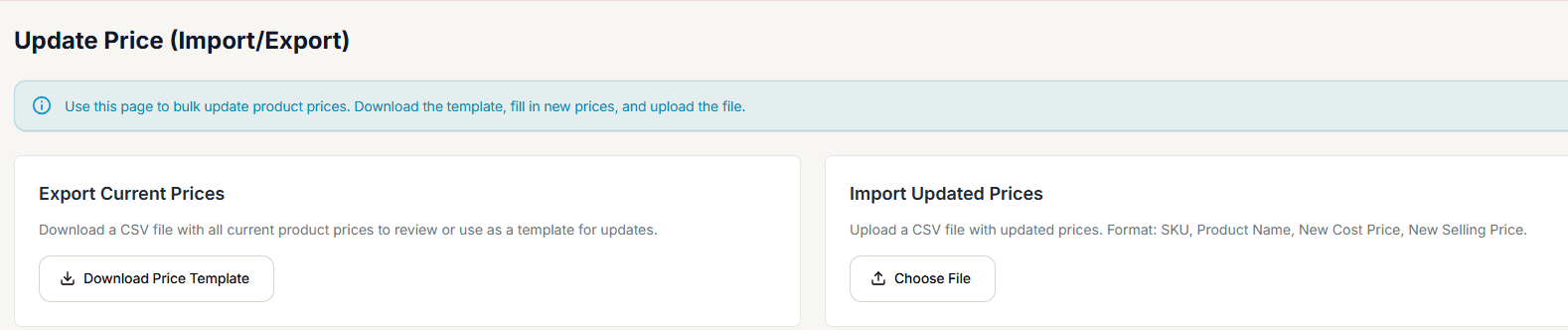 Update Price screen with Export Current Prices and Import Updated Prices panels