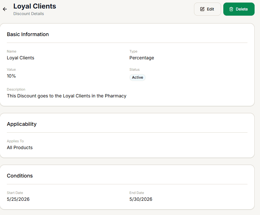 Discount Detail screen showing Basic Information, Applicability, and Conditions sections