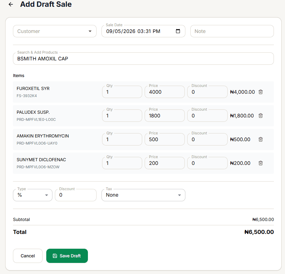 Add Draft Sale form with customer, item search, item table, and discount/tax fields