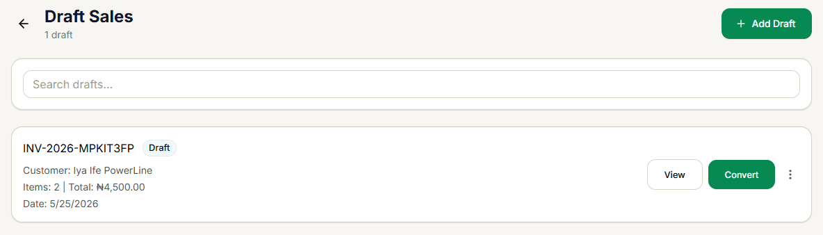 Draft Sales list showing a saved draft with View, Convert, and a menu button