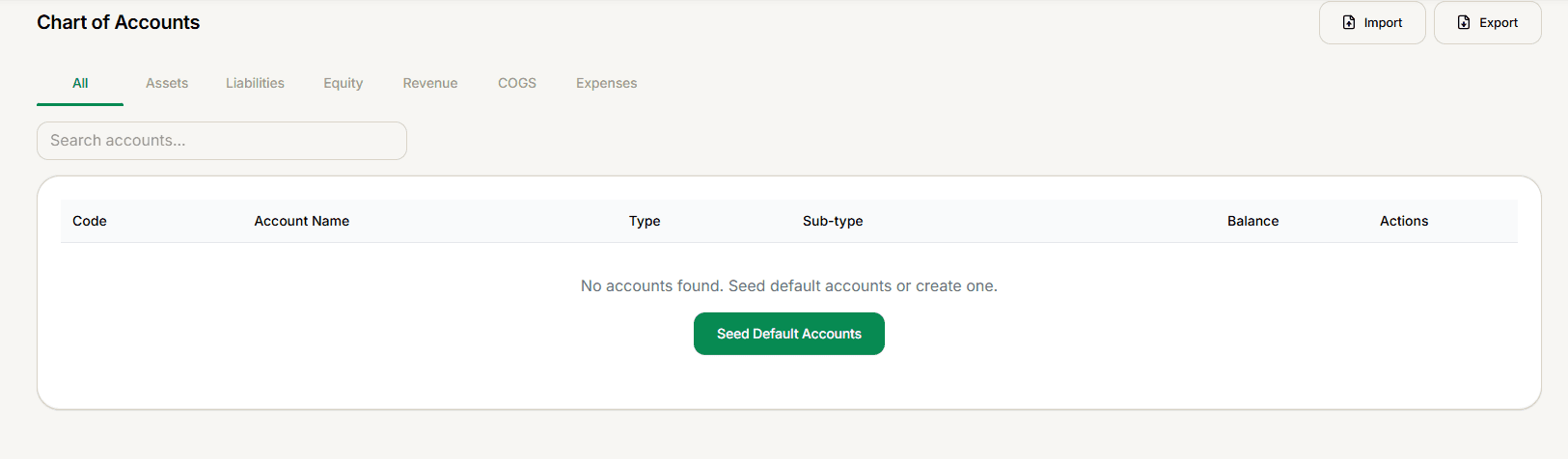 Chart of Accounts empty state with a Seed Default Accounts button