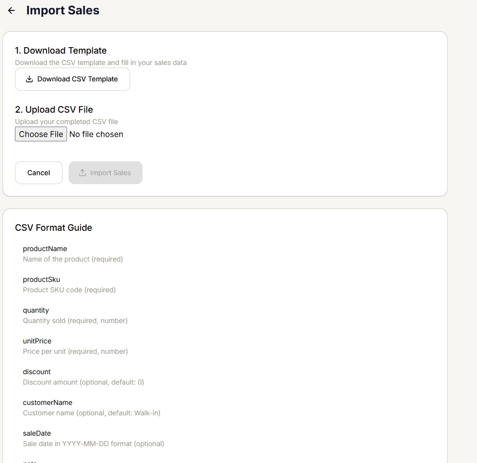 Import Sales screen with Download Template and Upload CSV File steps, and the CSV Format Guide below
