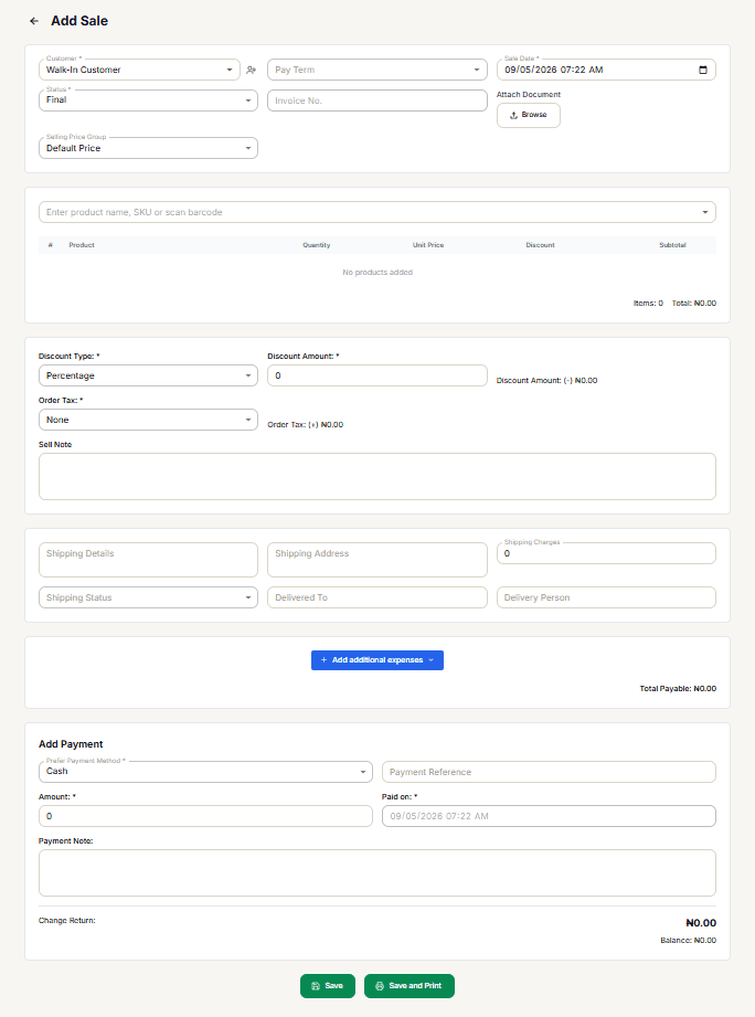 Add Sale form showing customer details, an empty product table, discount/tax, shipping, and payment sections