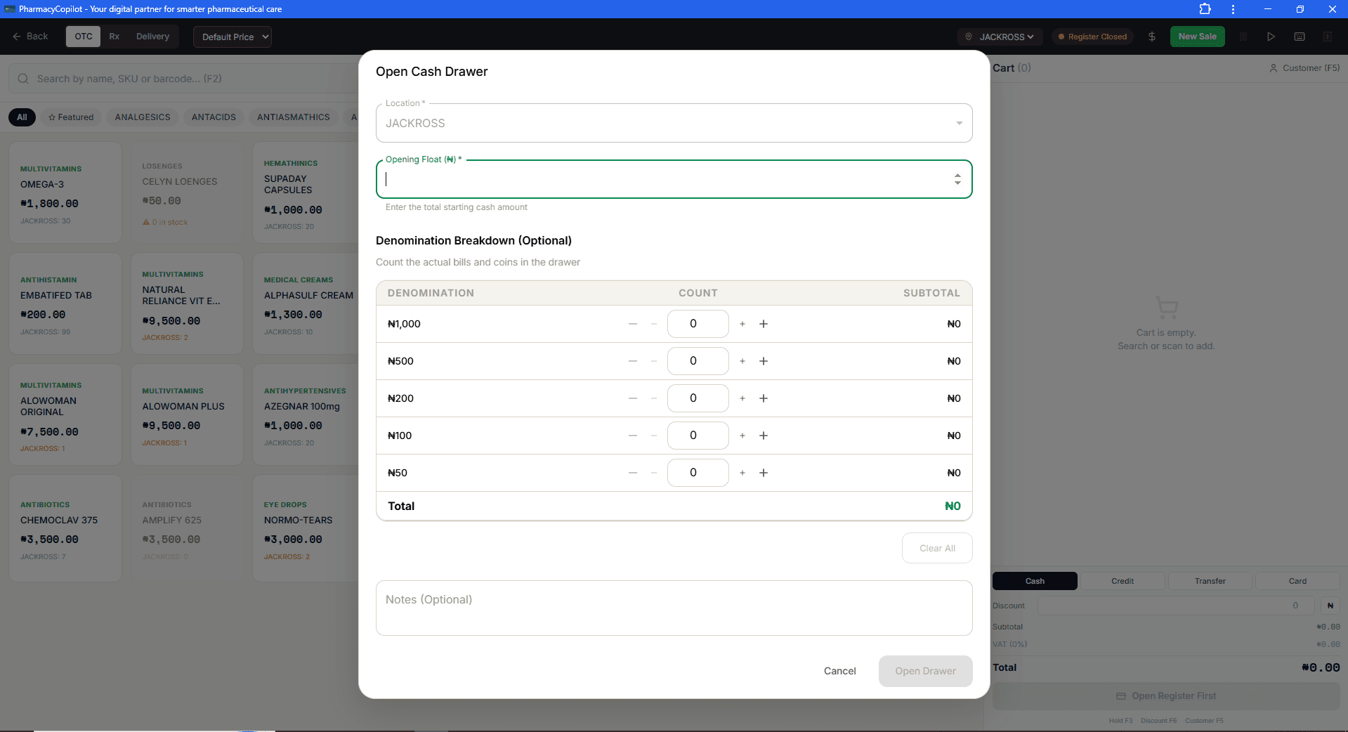 Open Cash Drawer dialog with an opening float field and a denomination breakdown table