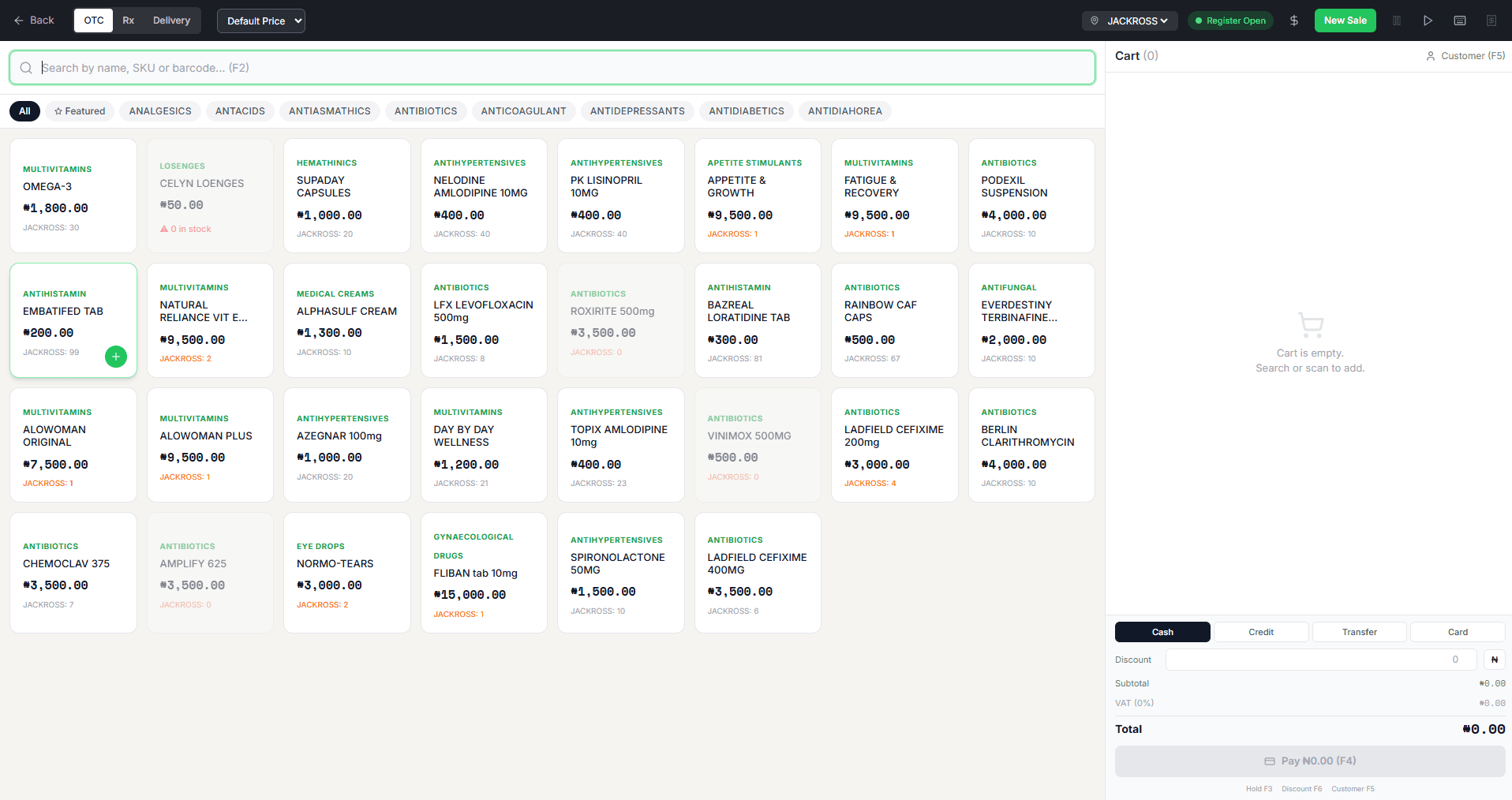 POS Checkout Screen showing the OTC product grid, category filters, and an empty cart panel