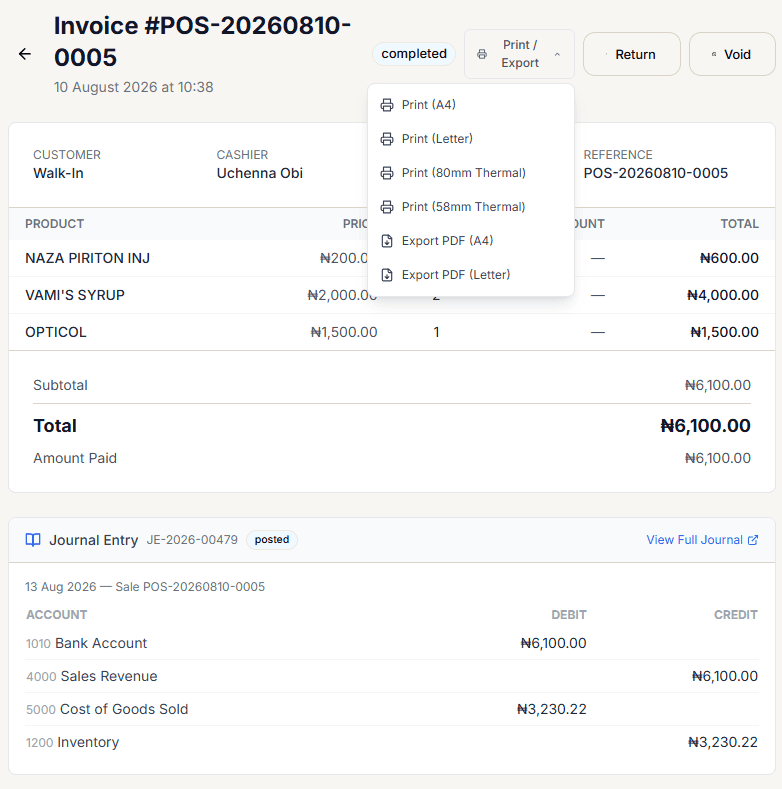 Print / Export dropdown menu open on the Sale Detail screen, showing paper-format options