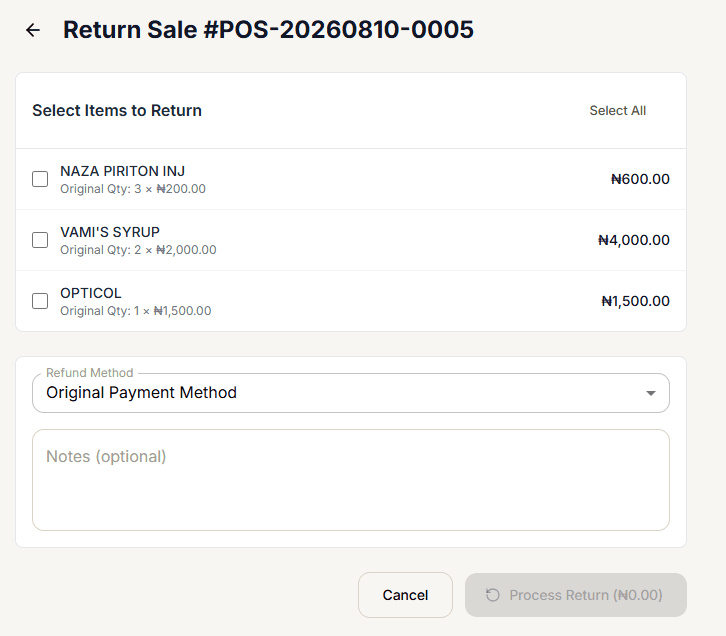 Return Sale screen with item checkboxes, a Select All toggle, refund method, and notes