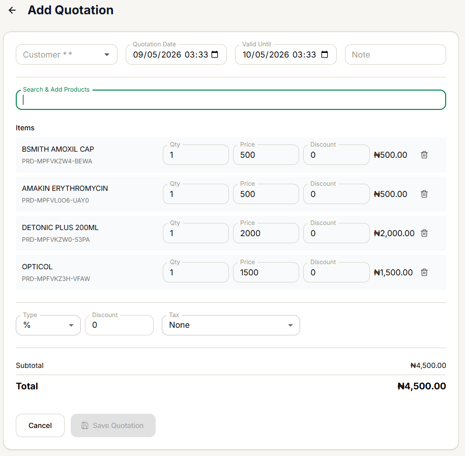 Add Quotation form with a required customer, quotation date, valid-until date, and item table