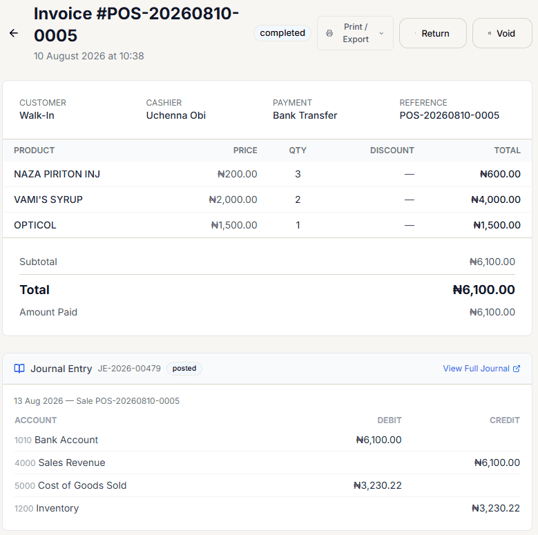 Sale Detail screen showing the invoice header, item table, totals, and a linked Journal Entry