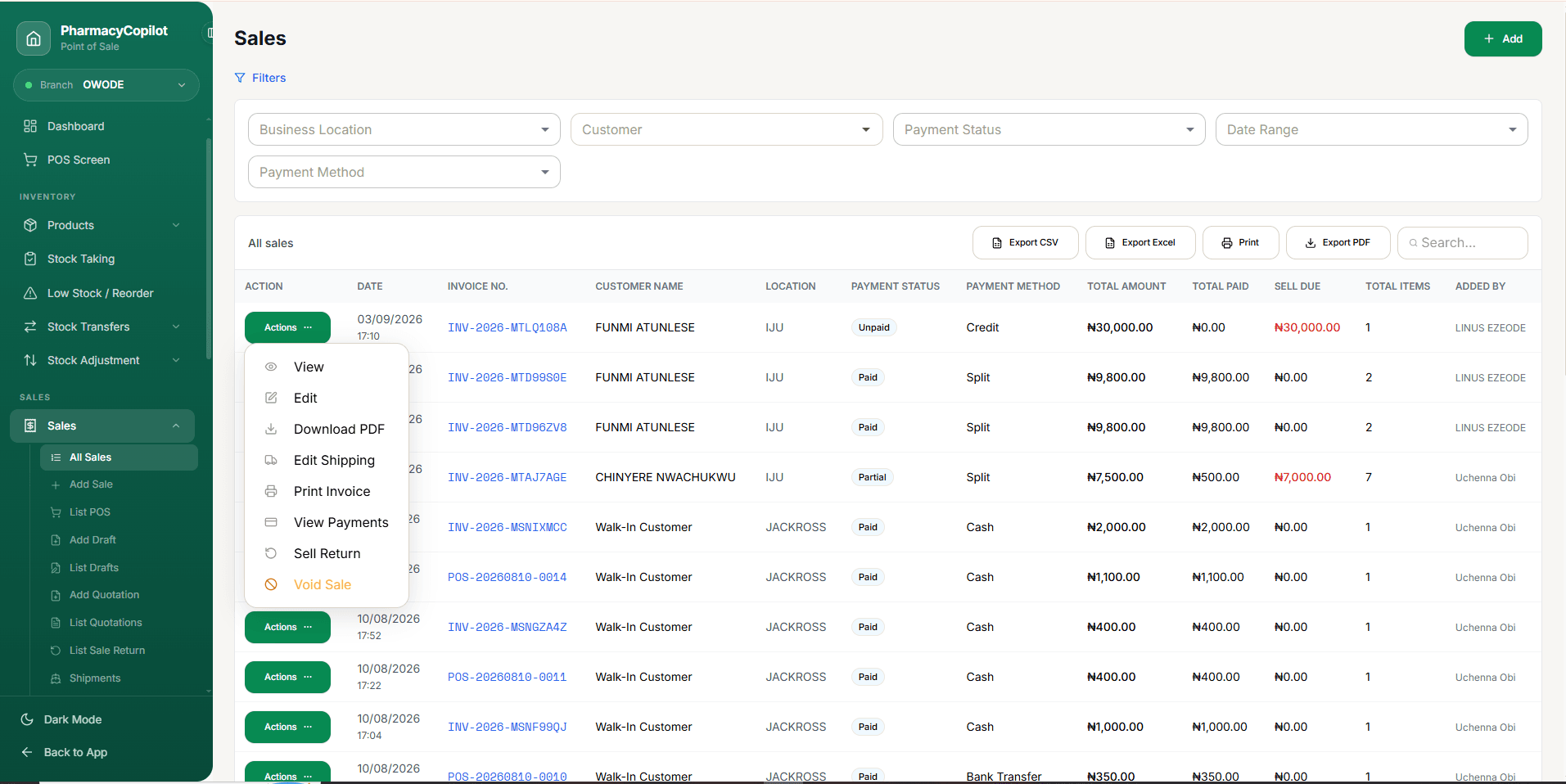 Sales List screen showing filters, the sales table, and an open Actions dropdown