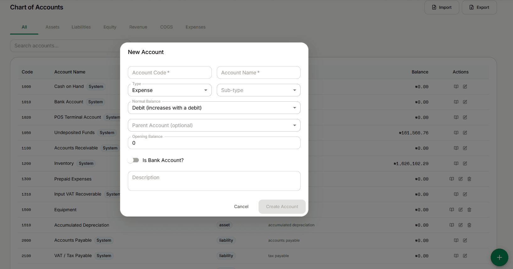 New Account dialog with code, name, type, sub-type, normal balance, and opening balance fields