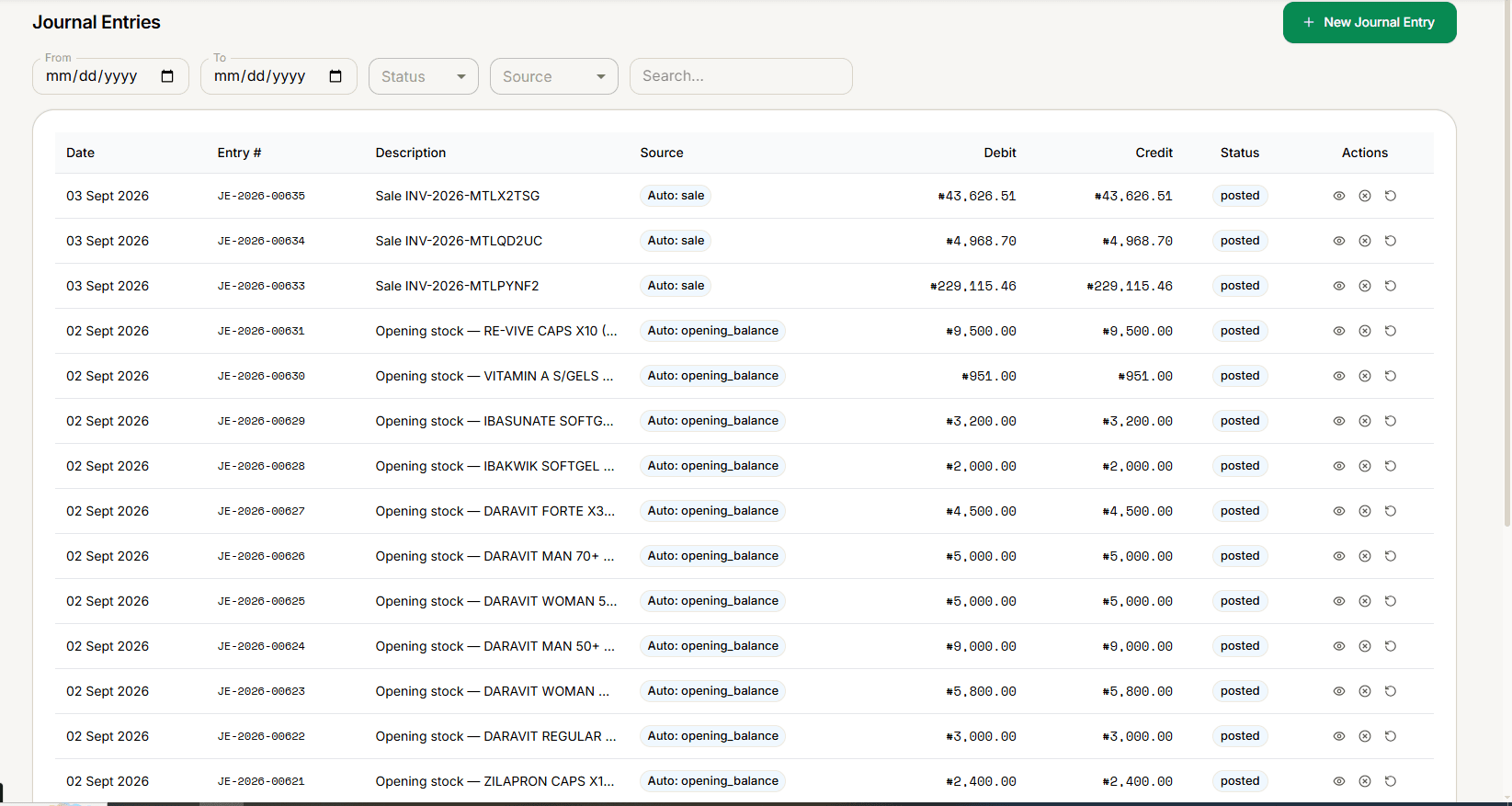 Journal Entries list showing filters and a table of auto-generated posted entries