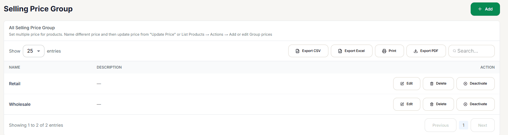 Selling Price Group list showing Retail and Wholesale groups with Edit, Delete, and Deactivate actions