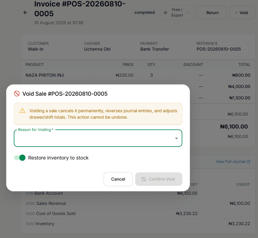 Void Sale dialog with a required reason field and a restore-inventory toggle, over the sale detail screen